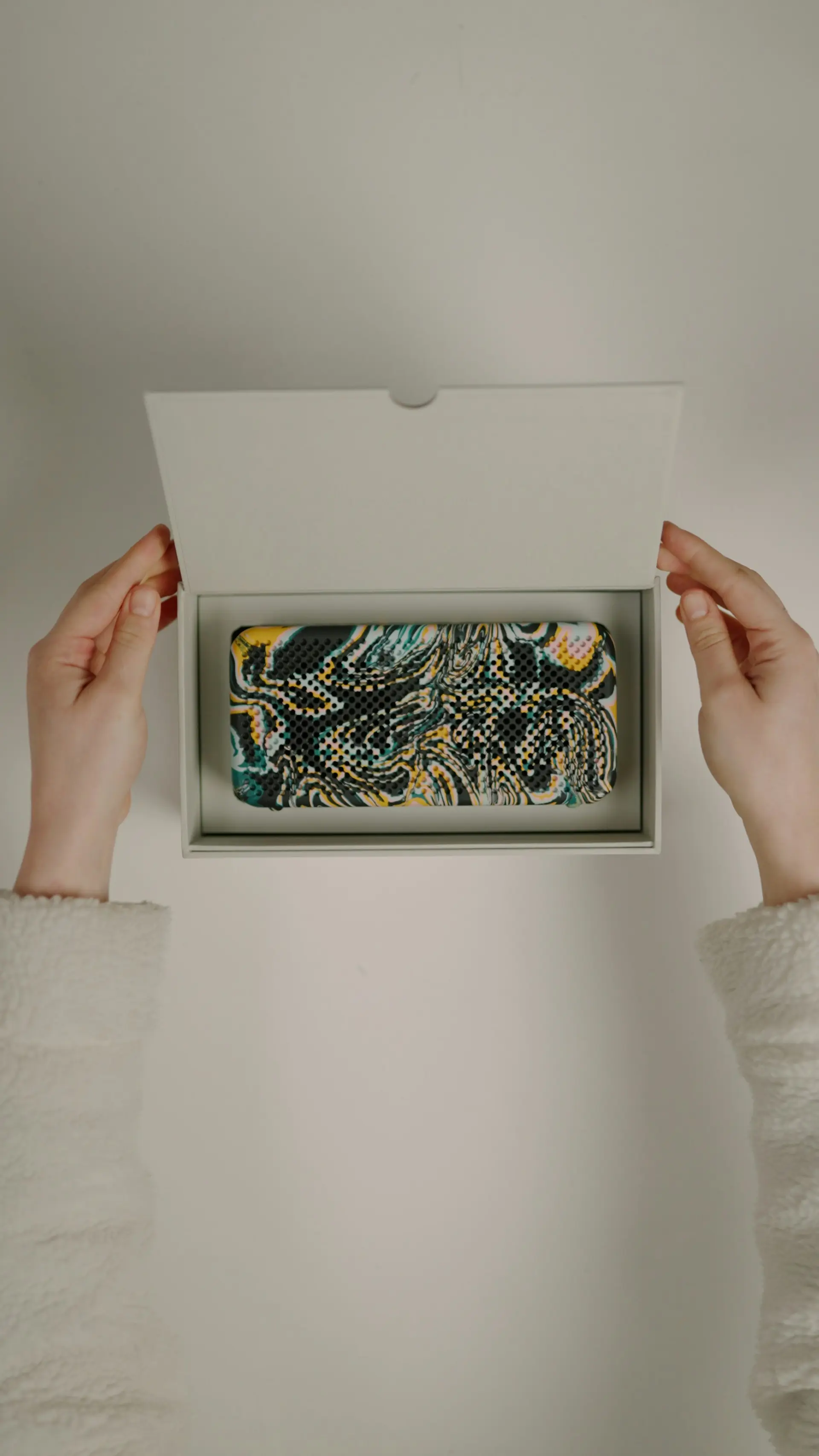 Person holding a box with a painting inside