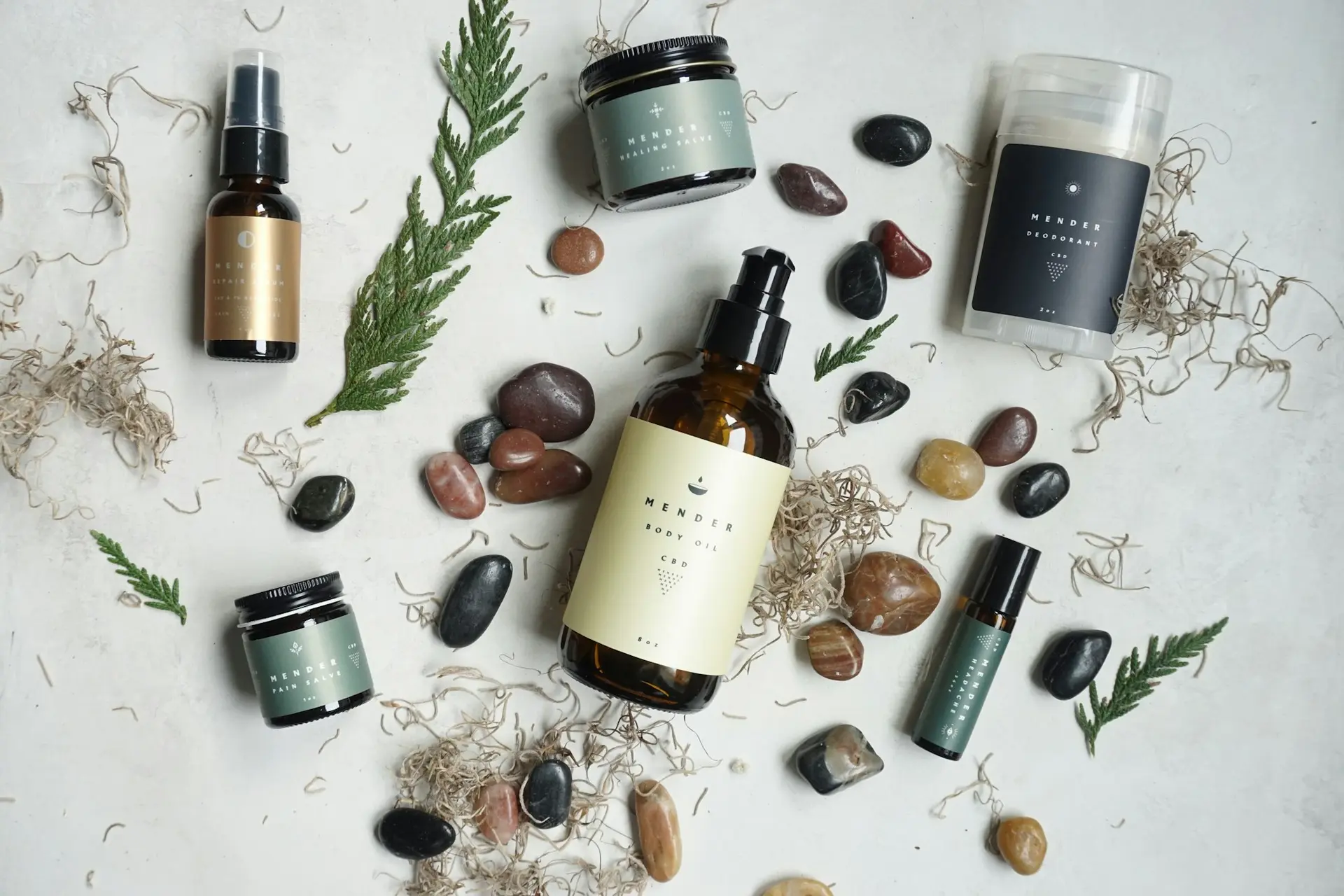 Skincare products with river stones